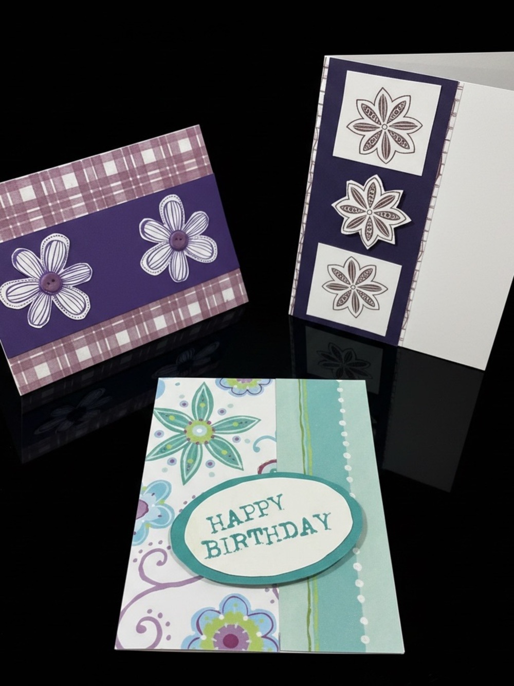 Hand Crafted Floral Birthday Card Set - Purple & Teal
